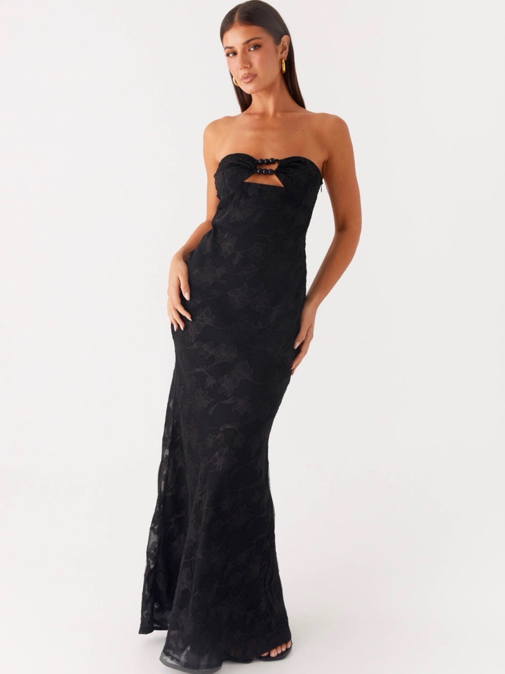 Peppermayo Black Strapless Cutout Lace Evening Gown